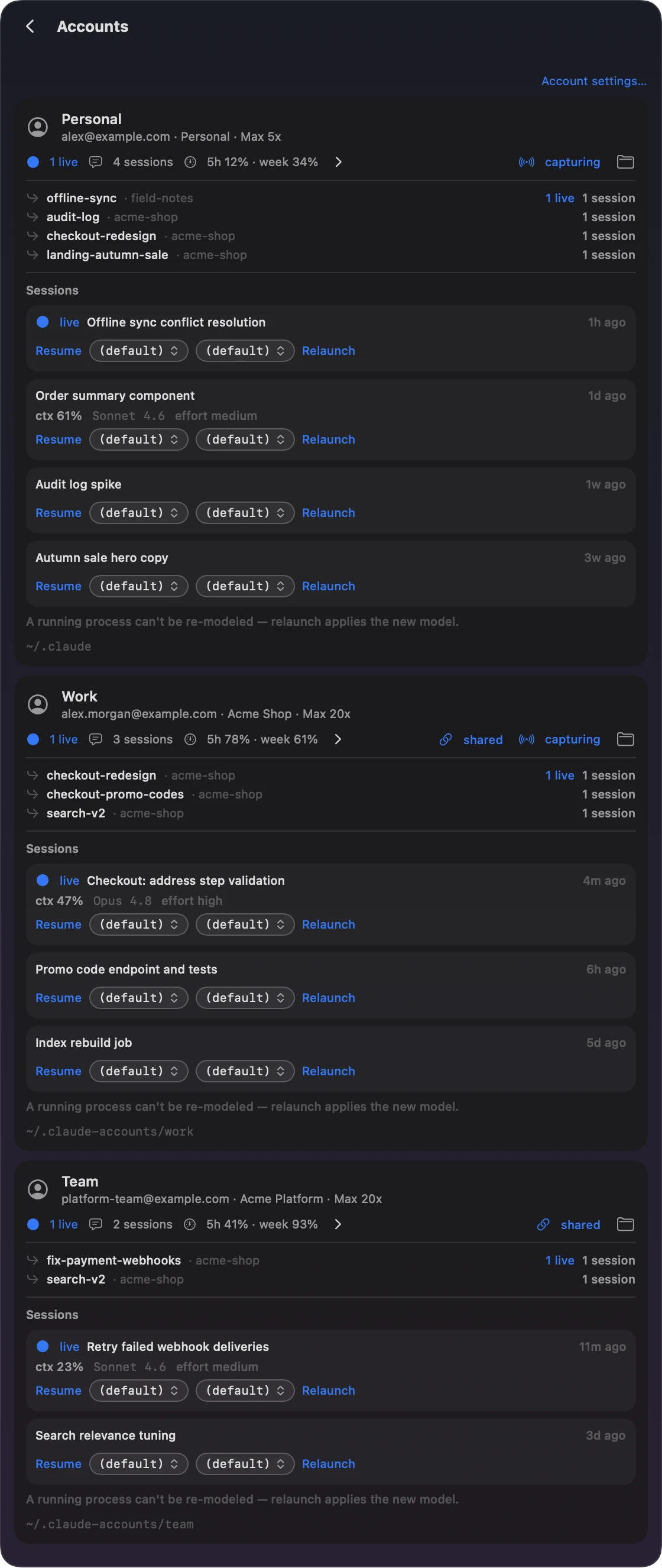 The Accounts screen: Personal, Work and Team, each with its email, plan, sessions, and 5-hour and weekly use; Work and Team are marked shared, and Personal’s folder is ~/.claude.