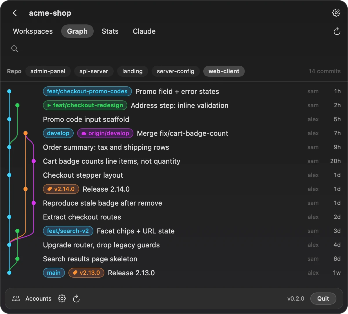 Вкладка Graph: граф коммитов репозитория web-client с ветками фич, develop, origin/develop и тегами релизов.